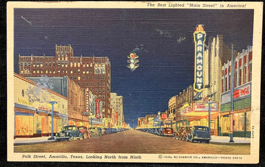 Polk Street, Amarillo, Texas, Looking North from Ninth - The Best Lighted “Main Street” in America! - Houston, Texas - C 1939, McCormick Co. - Vintage Postcard
