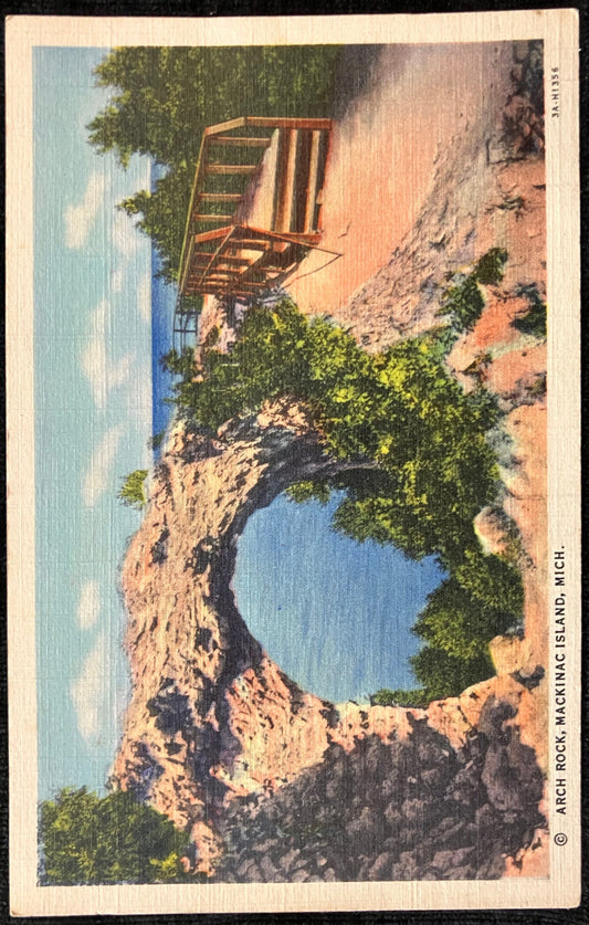 Arch Rock, Mackinac Island, Michigan - Vintage 1930s Postcard - Lake Michigan Island - Famous Michigan Tourist Site - Natural Rock Formation