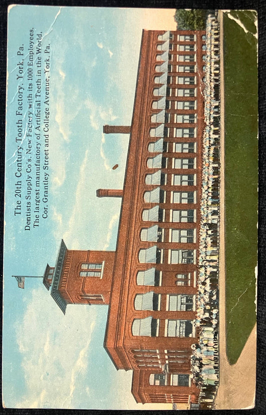 The 20th Century Tooth Factory, York, PA. Dentists Supply Co’s…. The Largest Manufactury of Artificial Teeth in the World. 1919 postcard