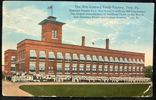 The 20th Century Tooth Factory, York, PA. Dentists Supply Co’s…. The Largest Manufactury of Artificial Teeth in the World. 1919 postcard