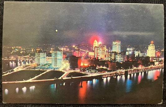 Downtown Pittsburg, Pennsylvania at Night - Ektachrome by Paul M. Penney - Vintage Postcard Pittsburg Skyline 1960 - Birds eye view Pittsburg
