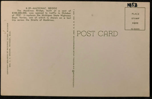 Mackinac Bridge over the Straits of Mackinac in Michigan - Vintage Bridge Postcard
