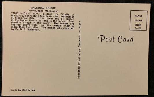 Mackinac Bridge in Michigan - Designed by D. B. Steinman - Color: Bob Miles - Vintage Bridge Postcar