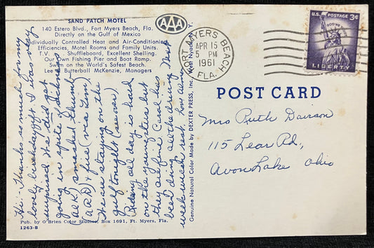 Sand Patch Motel in Fort Myers Beach, Florida - Vintage Motel Postcard