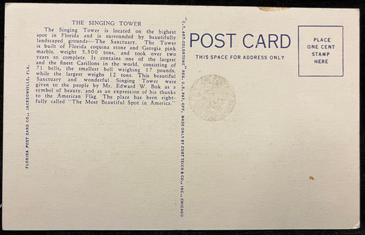 The Singing Tower Mountain Lake Sanctuary, Lake Wales, Florida - Vintage Scenic Postcard