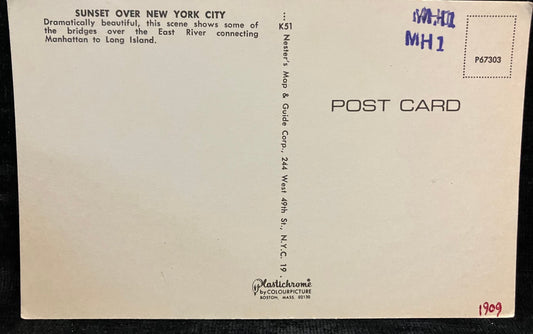 Sunset Over New York City, New York - Vintage Sunset Postcard