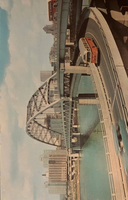 Fort Pitt Tunnel Bridge, Pittsburgh, Pennsylvania - Vintage Postcard - 1950s buses on Tunnel Bridge - First of its KInd