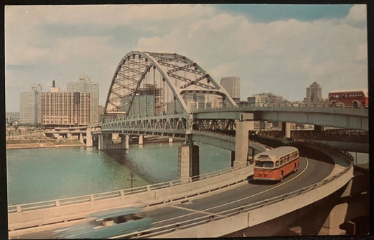 Fort Pitt Tunnel Bridge, Pittsburgh, Pennsylvania - Vintage Postcard - 1950s buses on Tunnel Bridge - First of its KInd