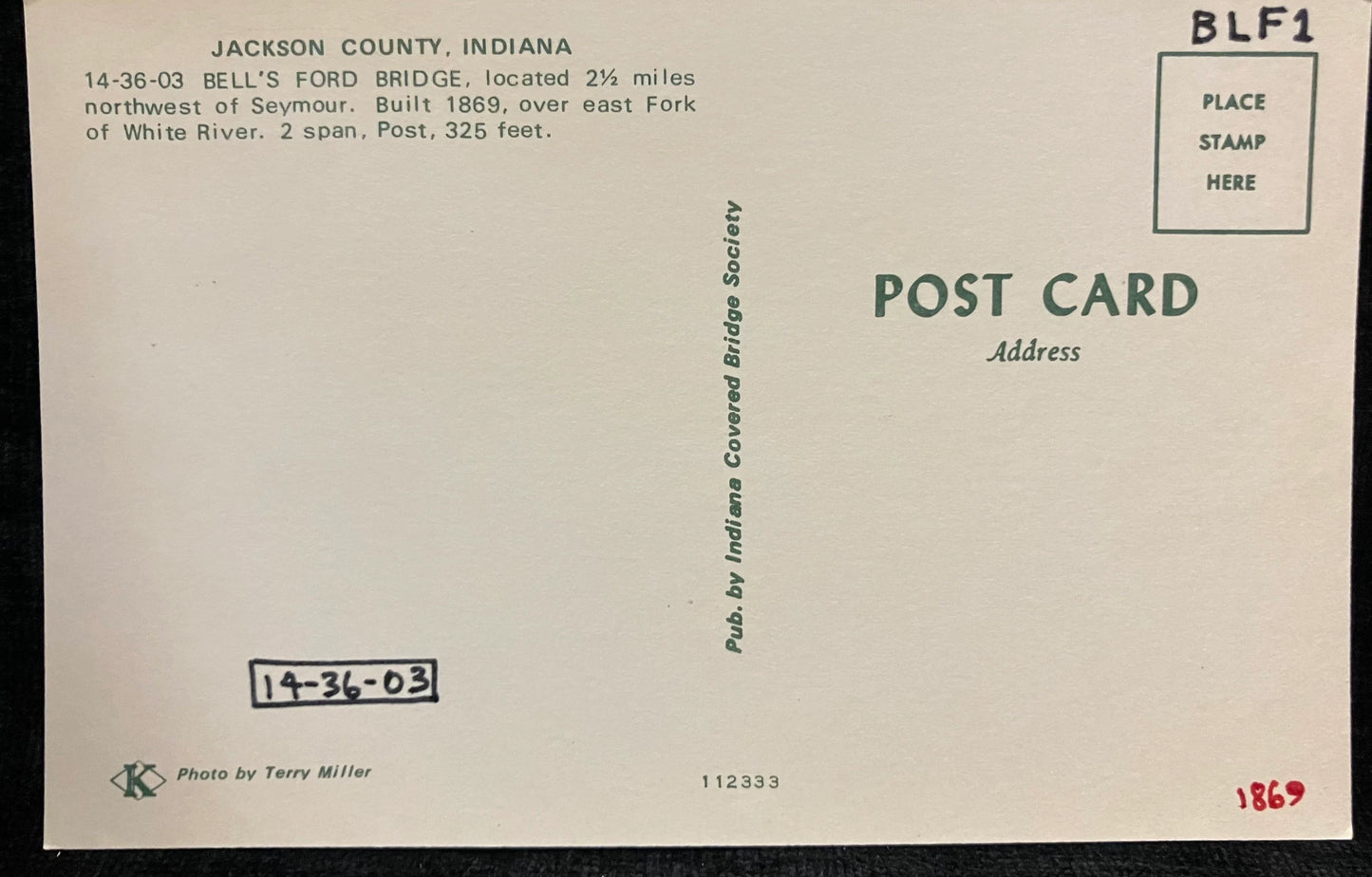 Bell's Ford Bridge in Jackson County, Indiana - Photo: Terry Miller - Vintage Covered Bridge Postcard