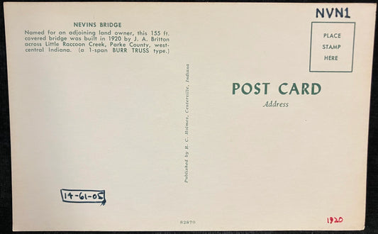 Nevins Bridge - Parke County, Indiana - Vintage Covered Bridge Postcard