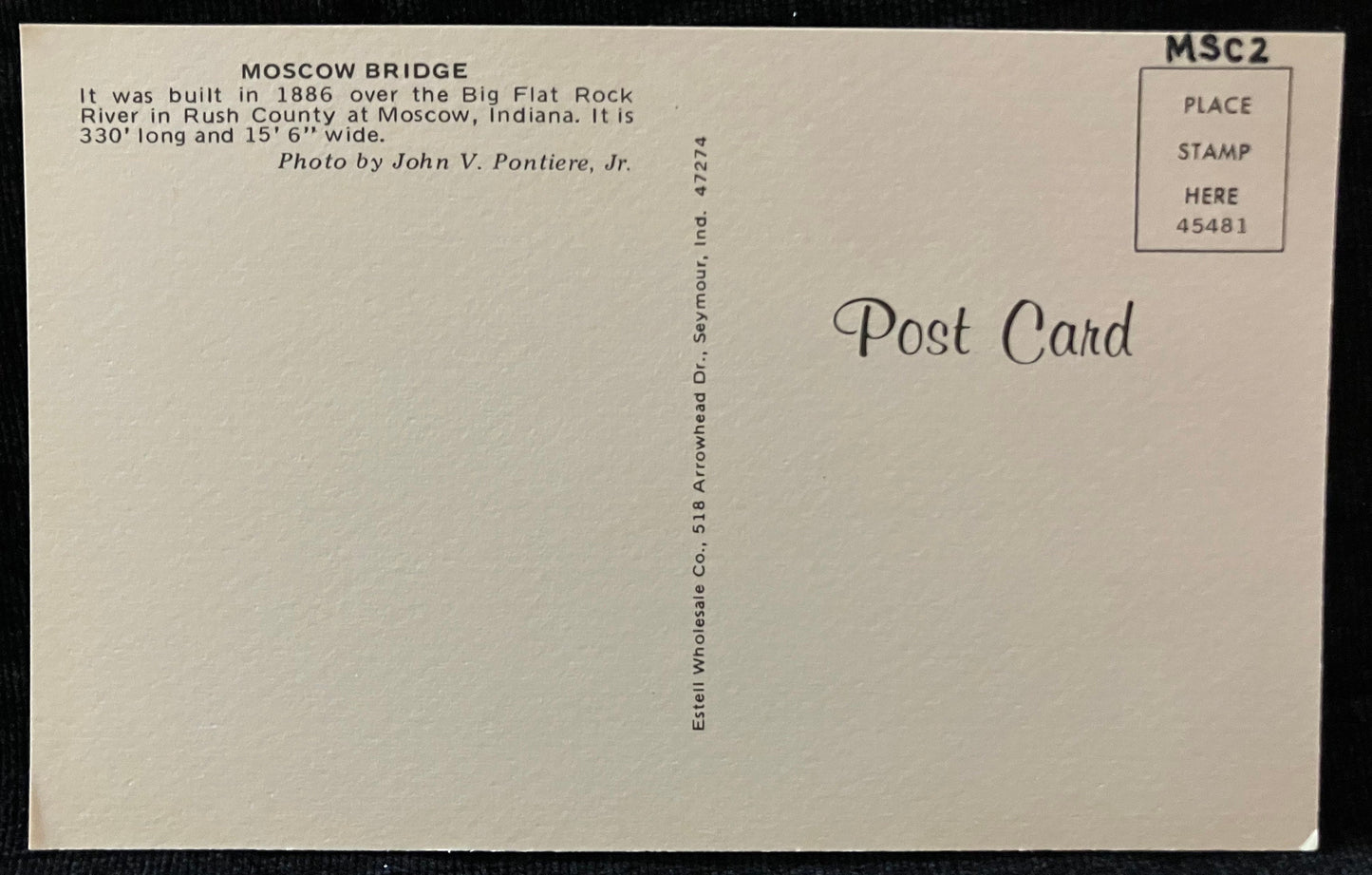Moscow Bridge over Big Flat Rock River in Rush County, Indiana - Photo byJohn V. Pontiere Jr. - Vintage Covered Bridge Postcard