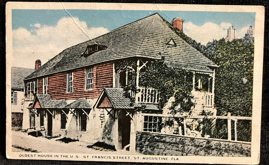 Oldest House in the U. S., St. Francis Street, St. Augustine, Florida. -  Hand Tinted Photo on 1915 postcard