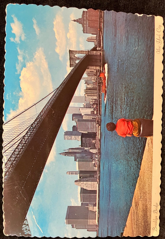 Brooklyn Bridge - New York City - 20 Cent Brooklyn Bridge Stamp 1883-1983 - Vintage Serrated Edge Postcard - First day of Issue Postmark