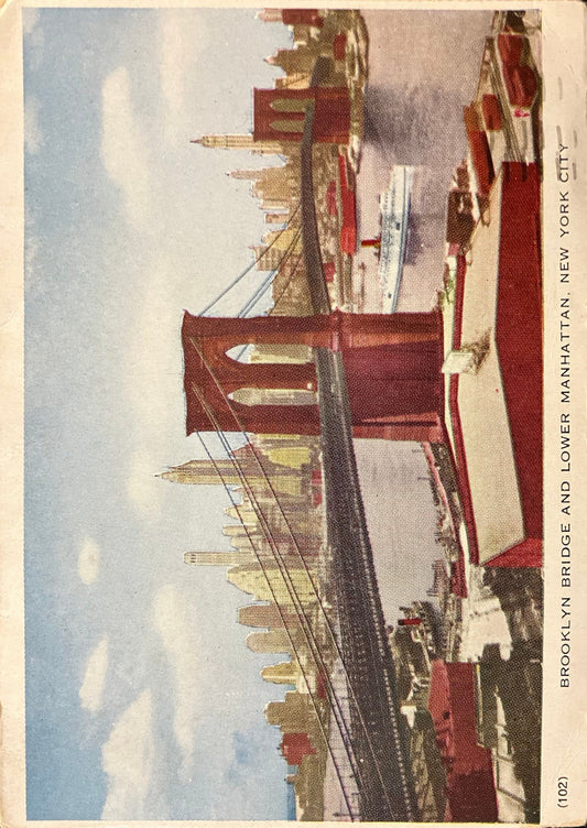 Brooklyn Bridge and Lower Manhattan - New York City - Ewing Galloway Photgrapher - Printed in Canada - Vintage Foldover Postcard