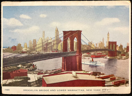 Brooklyn Bridge and Lower Manhattan - New York City - Ewing Galloway Photgrapher - Printed in Canada - Vintage Foldover Postcard