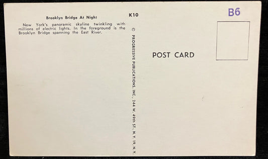 Brooklyn Bridge at Night - New York - Vintage Bridge Postcard