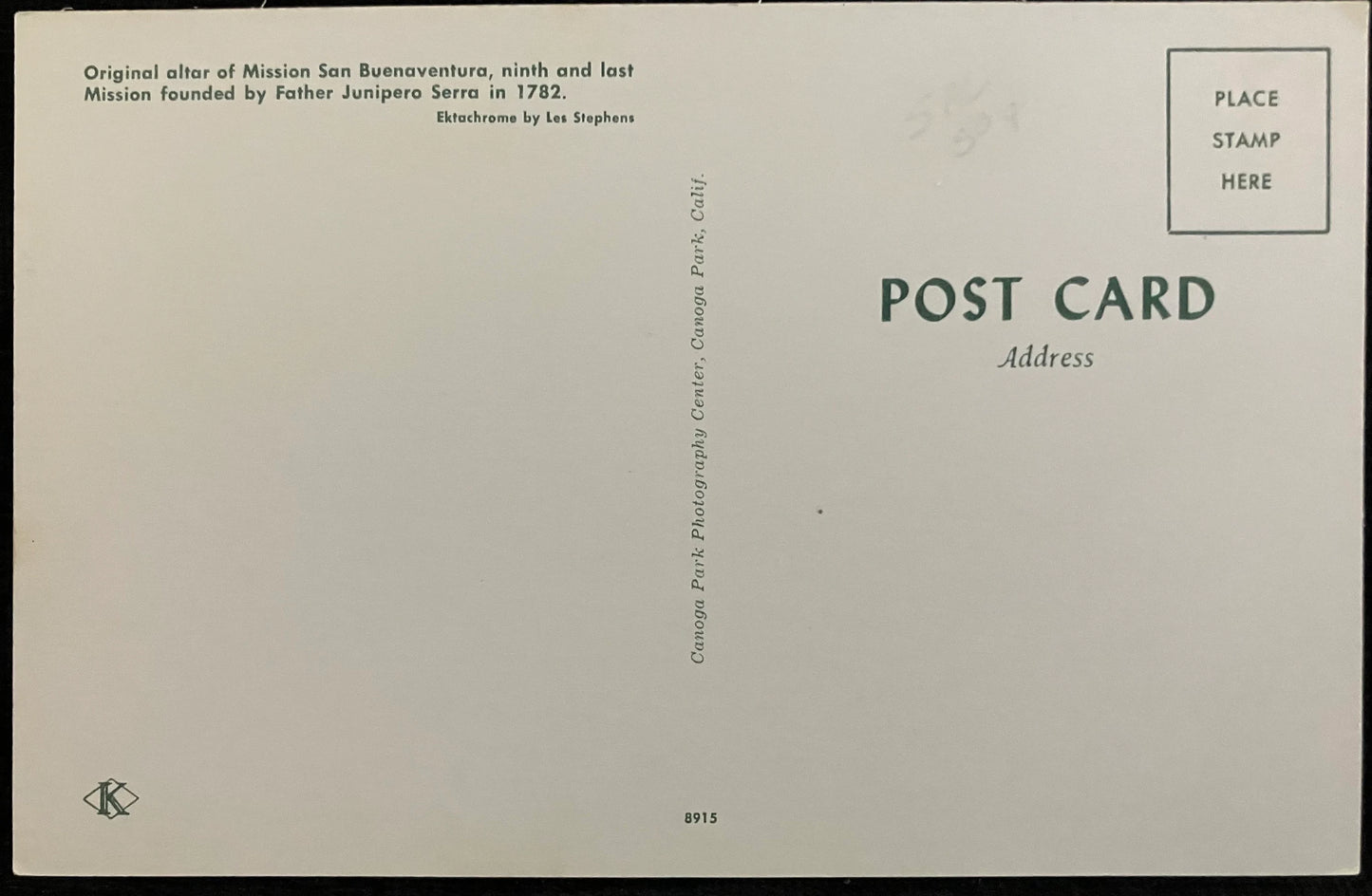 Altar of Mission San Buenaventura - California - Ektachrome: Les Stephens - Vintage Church Postcard