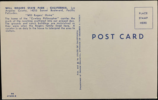 Will Rogers’ Home at Will Rogers State Park - Los Angeles, California - Vintage Park Postcard