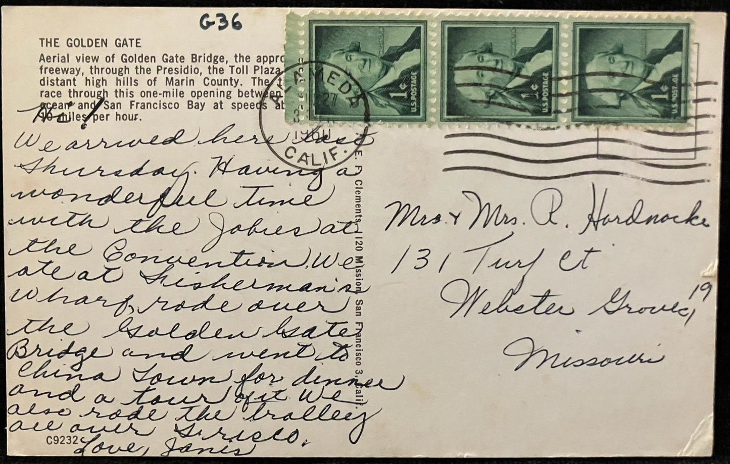 The Golden Gate - San Francisco, California - Three Stamps - Vintage Bridge Postcard