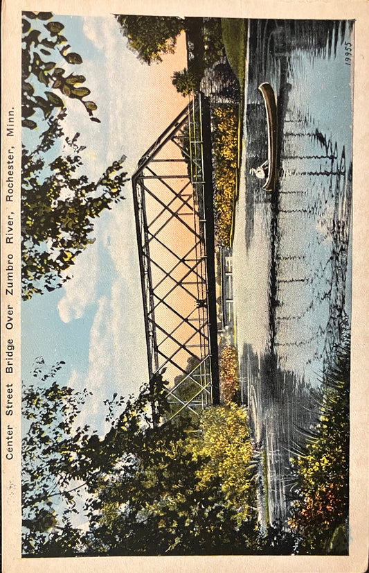 Center Street Bridge Over Zumbro River, Rochester, Minn. - Vintage Bridge Postcard - Canoeing in 1910 on the Zumbro River