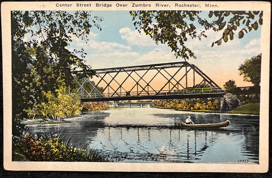 Center Street Bridge Over Zumbro River, Rochester, Minn. - Vintage Bridge Postcard - Canoeing in 1910 on the Zumbro River