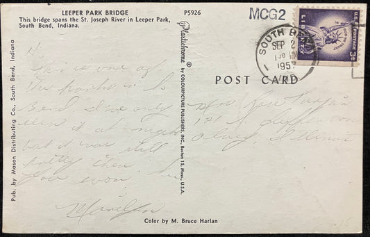 Leeper Park Bridge - South Bend, Indiana - Color: M. Bruce Harlan - Vintage Bridge Postcard