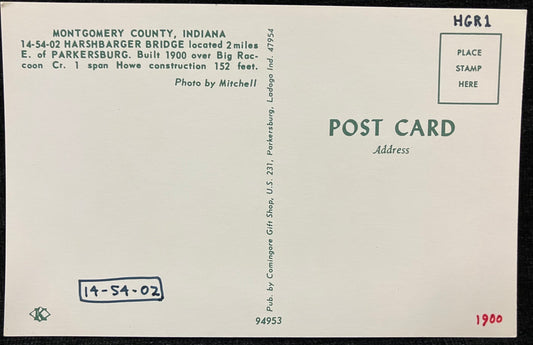 Harshbarger Bridge in Montgomery County, Indiana - Photo: Mitchell - Vintage Covered Bridge Postcard