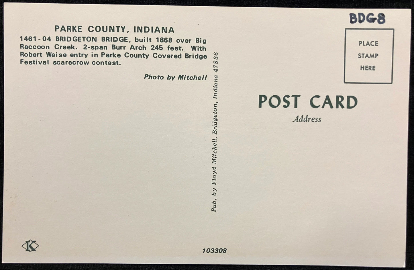 Scarecrow in front of Bridgeton Bridge in Parke County, Indiana - Photo: Mitchell - Vintage Covered Bridge Postcard