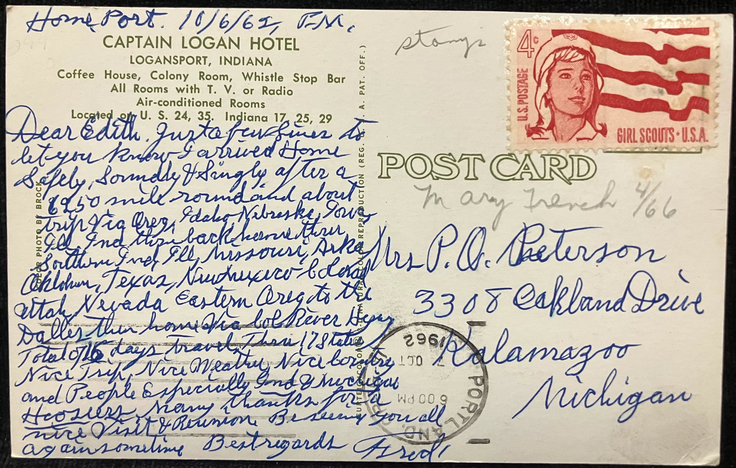 Captain Logan Hotel - Logansport, Indiana - 1962 Postcard