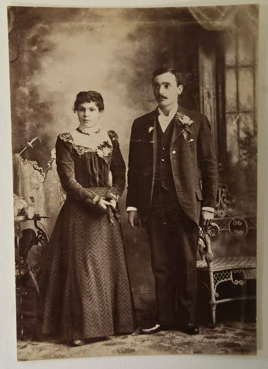 Edwardian Couple - Great Sepia Tone Photo - Victorian Details - Staged Photo with Faux Background 1880s - Real Sepia tone Photo - no smiling