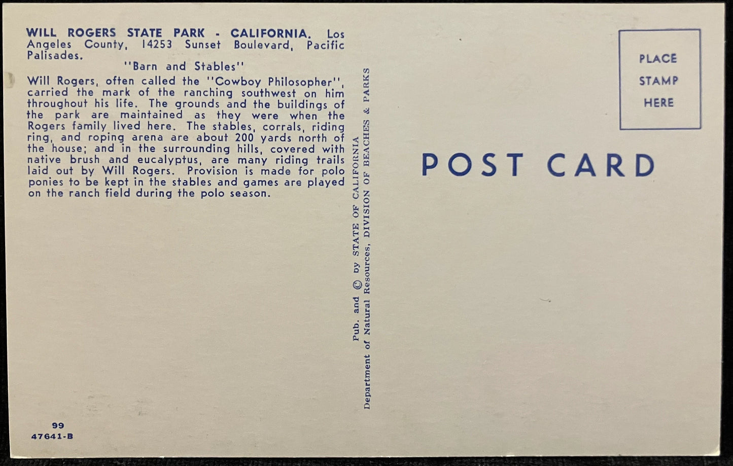 Barn and Stables at Will Rogers State Park - Los Angeles, California - Vintage Park Postcard
