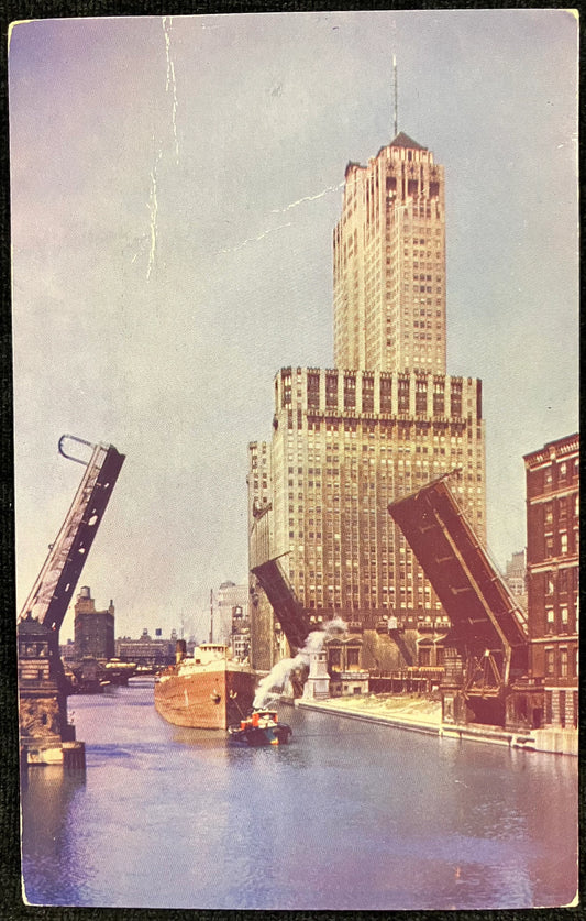 Chicago River and Civic Opera Building - Monroe Street Bridge - Chicago, Illinois - Vintage Bridge Postcard