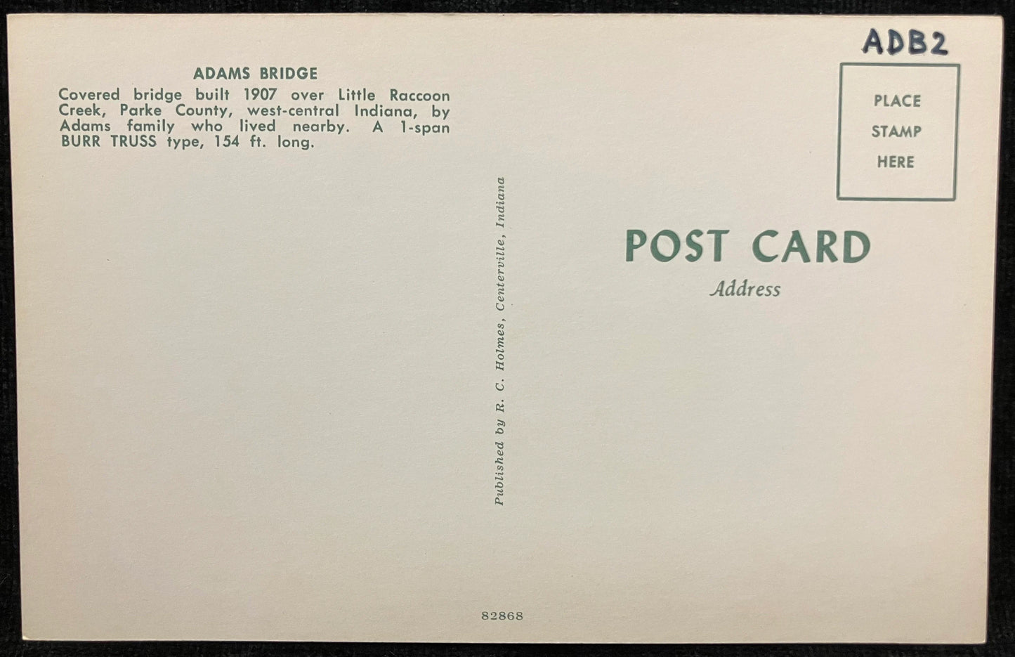 Adams Bridge in Parke County, Indiana - Vintage Covered Bridge Postcard