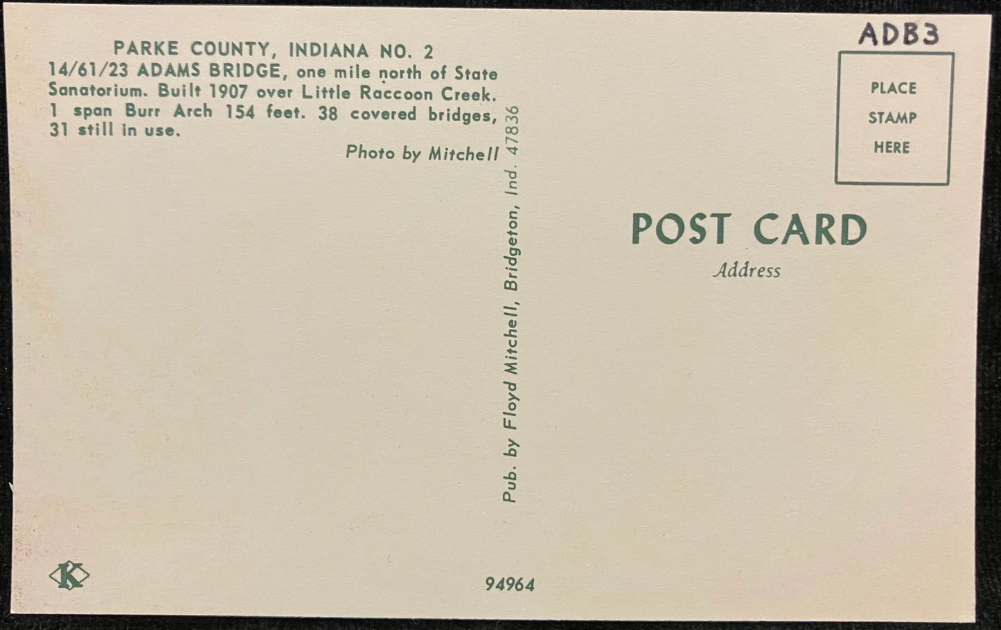 Adams Bridge over Little Raccoon Creek in Parke County, Indiana - Photo: F. Mitchell - Vintage Covered Bridge Postcard
