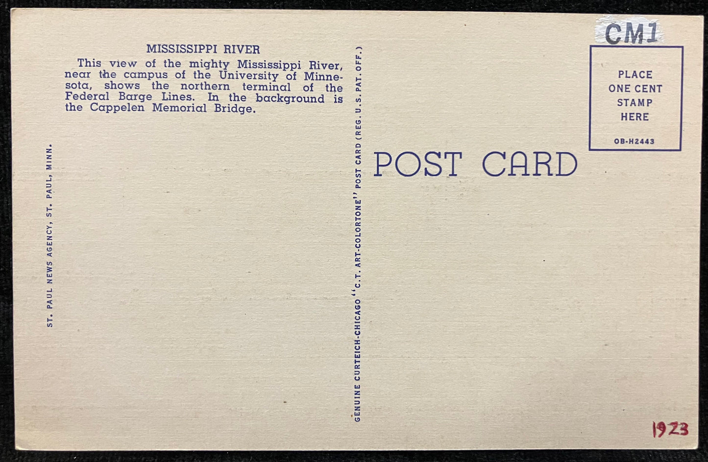 Mississippi River, St. Paul, Minnesota - Vintage River Postcard