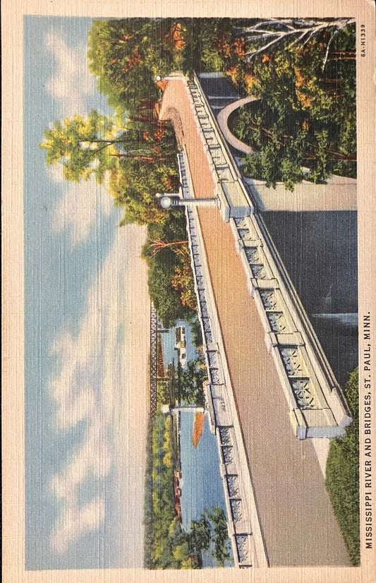 Mississippi River and Bridges, St. Paul, Minnesota - Land of Lakes State - Vintage Bridge Postcard