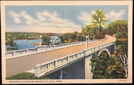 Mississippi River and Bridges, St. Paul, Minnesota - Land of Lakes State - Vintage Bridge Postcard