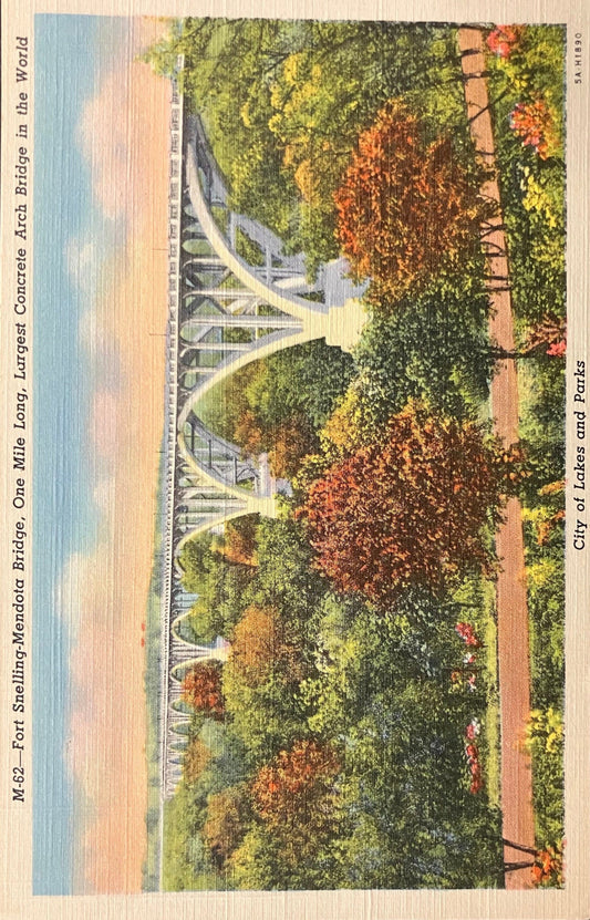 Fort Snelling-Mendota Bridge, One Mile Long, Largest Concrete Arch Bridge in the World - Minnesota - Vintage Bridge Postcard