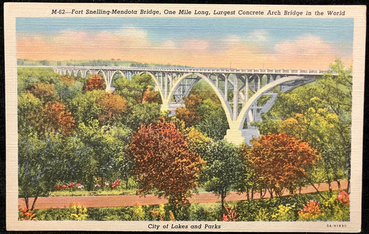 Fort Snelling-Mendota Bridge, One Mile Long, Largest Concrete Arch Bridge in the World - Minnesota - Vintage Bridge Postcard