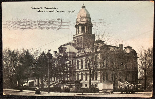 Court House - Warsaw, Ind. - 1912 Judicial Postcard - Horse and Buggy Parked in Front of Court house