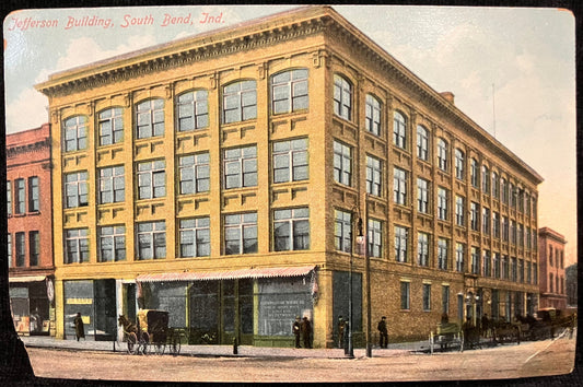 Jefferson Building, South Bend, Ind. - Made in Germany - Vintage Postcard - 1890s photograph - Horse and Buggy Era