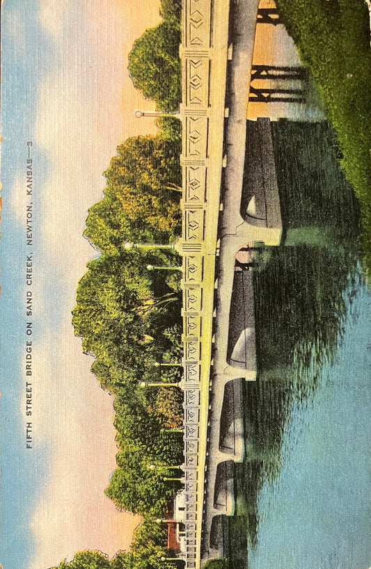 Fifth Street Bridge on Sand Creek, Newton, Kansas - Vintage Bridge Postcard Lovely Railing on Bridge with Lighting