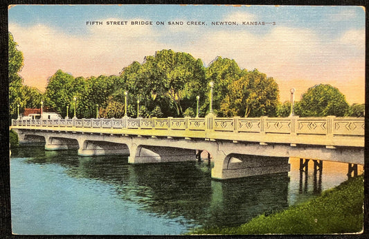Fifth Street Bridge on Sand Creek, Newton, Kansas - Vintage Bridge Postcard Lovely Railing on Bridge with Lighting