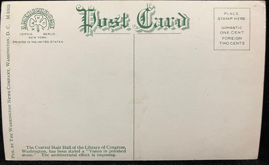 Main Hall, Congressional Library, Washington, D. C., Maryland -  Vintage Postcard