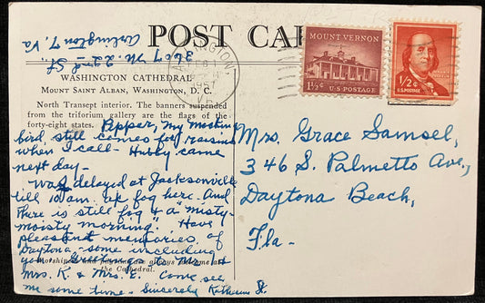 Washington Cathedral, Washington, D. C., Maryland - One and a half Mount Vernon Stamp - Half cent Benjamin Franklin stamp - Vintage Church Postcard