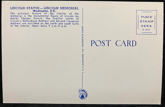 Lincoln Statue at Lincoln Memorial - Washington D. C., Maryland - Vintage Postcard