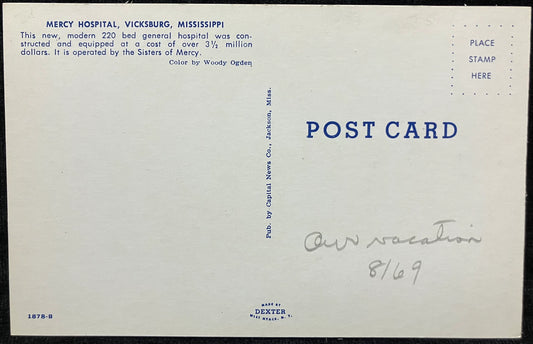 Mercy Hospital, Vicksburg, Mississippi - Color: Woody Ogden - Vintage Hospital Postcard