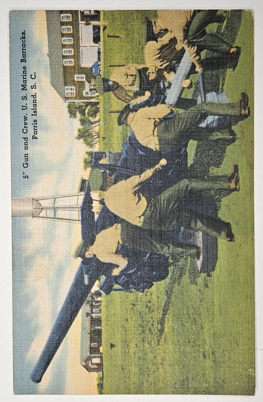 Marine Barracks Postcard Gun And Crew Parris Island South Carolina - Vintage 1930s war training - South Carolina Marine Base