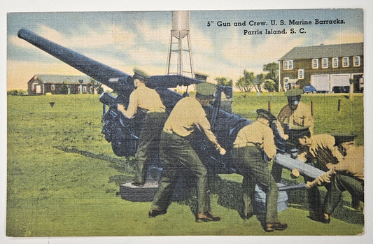Marine Barracks Postcard Gun And Crew Parris Island South Carolina - Vintage 1930s war training - South Carolina Marine Base