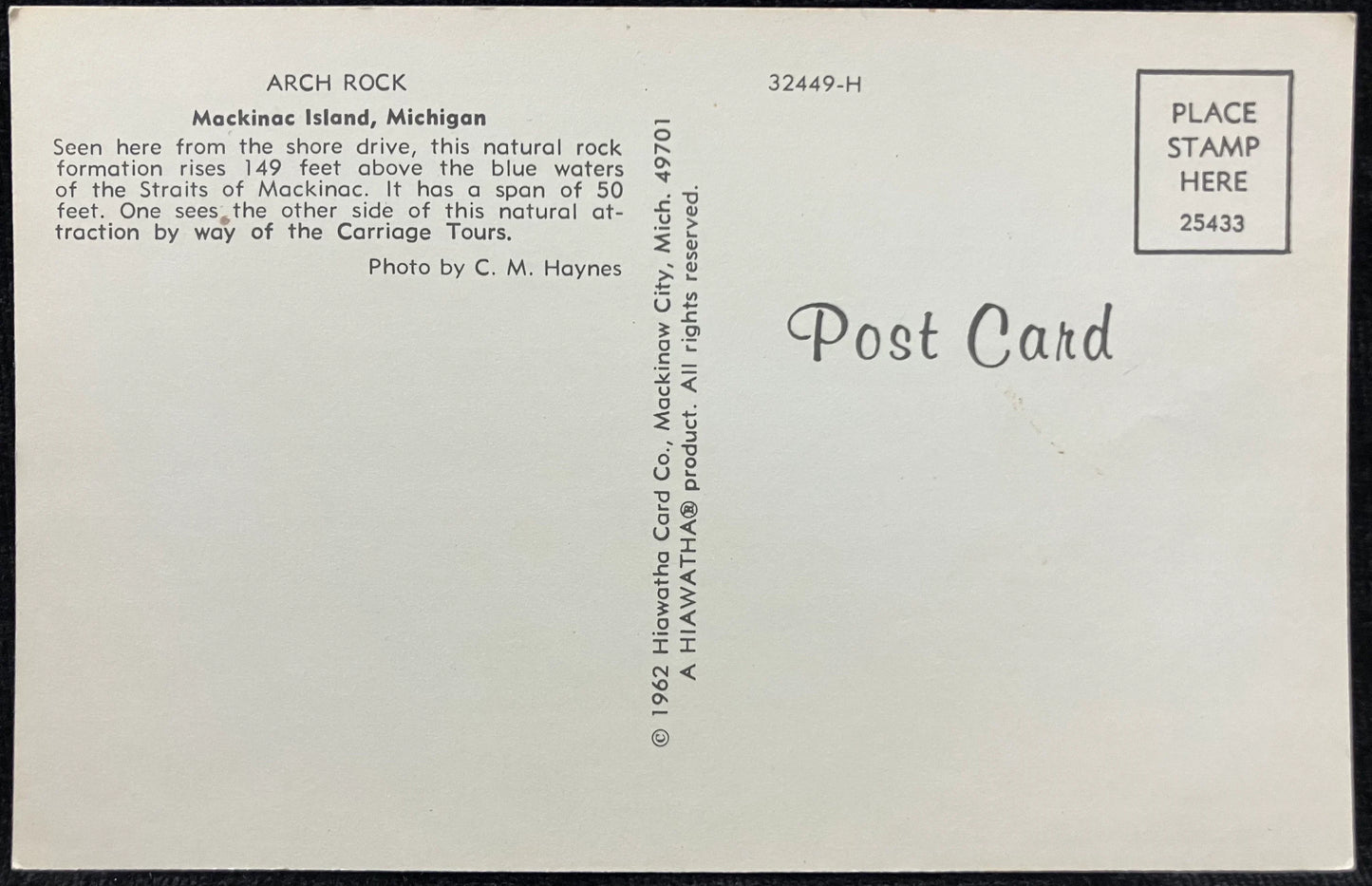 Arch Rock - Mackinac Island, Michigan - Photo by C. M. Haynes - Vintage Nature Postcard